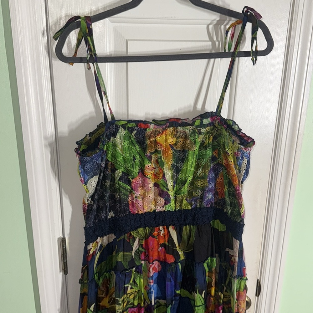 Guess Floral Print Kinsley Tiered Cotton Silk Boho Cottagecore Maxi Dress Size L - Picture 8 of 12